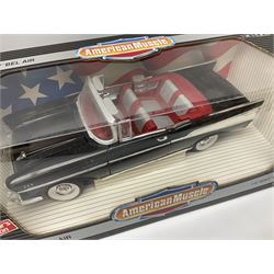 Four Ertl American Muscle 1:18 scale die-cast models - 1969 Pontiac GTO; 1970 Ford Boss 302 Mustang; 1957 Chevy bel Air; and 1967 Corvette L-71