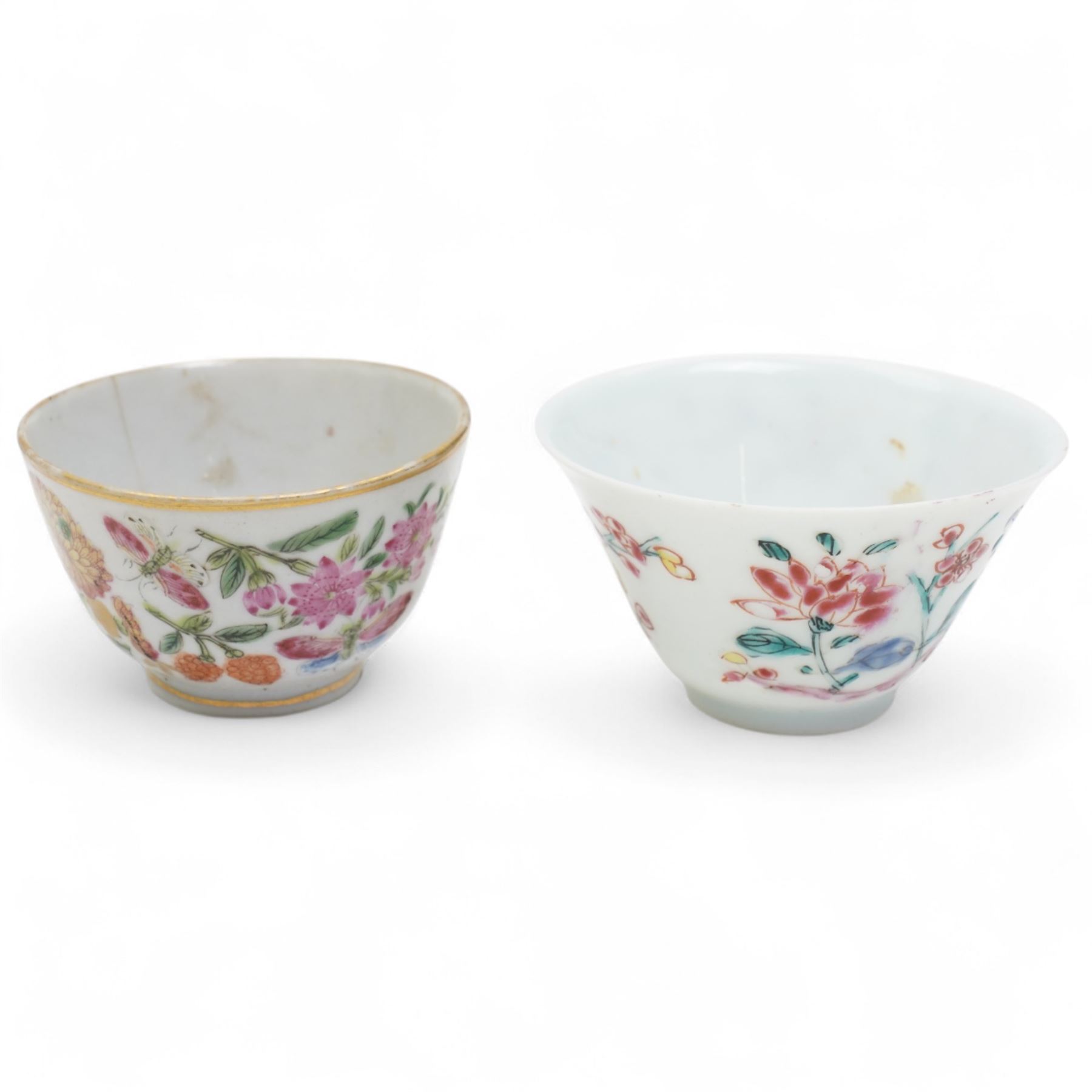 Group of eight 18th century and later Chinese famille rose and similar painted teabowls and dishes, to include unmarked peony cup, small cup decorated with flowers and butterfly, cup decorated with female figure gazing out of a window in a Buddhist temple with indistinct square character mark to base, pair of saucers unmarked, and others with character scenes unmarked (8)