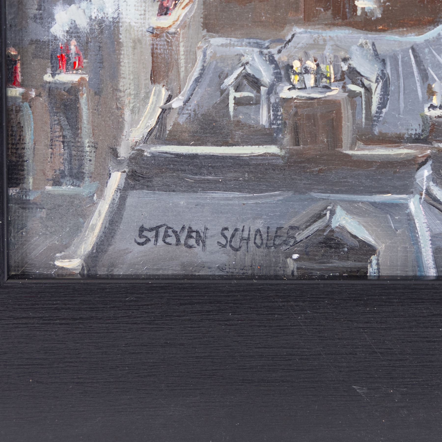 Steven Scholes (Northern British 1952-): 'Tower Bridge and Billingsgate Fish Market - London 1958', oil on canvas signed, titled verso 38cm x 49cm