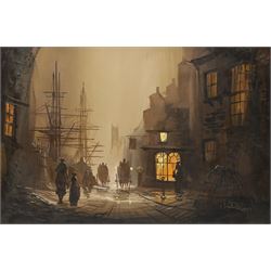 Donald Hughes (British b.1933): Street Scene of a Victorian Port City at Night, oil on can...