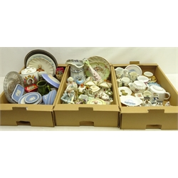  Victorian Fairings, crested ware, Victorian Staffordshire cottages, French bisque figures, commemorative ware, Wedgwood Jasperware etc in three boxes  