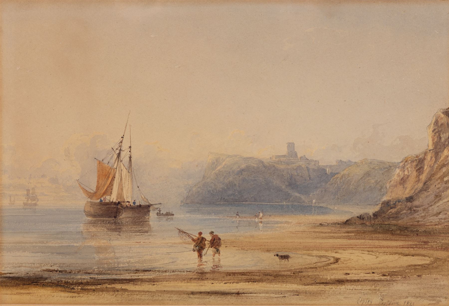 Anthony Vandyke Copley Fielding (British 1787-1855): Scarborough North Bay before the Marine Drive, watercolour signed and dated 1843, erroneously titled 'Whitby Castle and Bay' on the mount 18cm x 26cm 