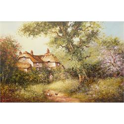 Les Parson (British 1945-): Thatched Cottage Overlooking a Blossoming Meadow, oil on canva...