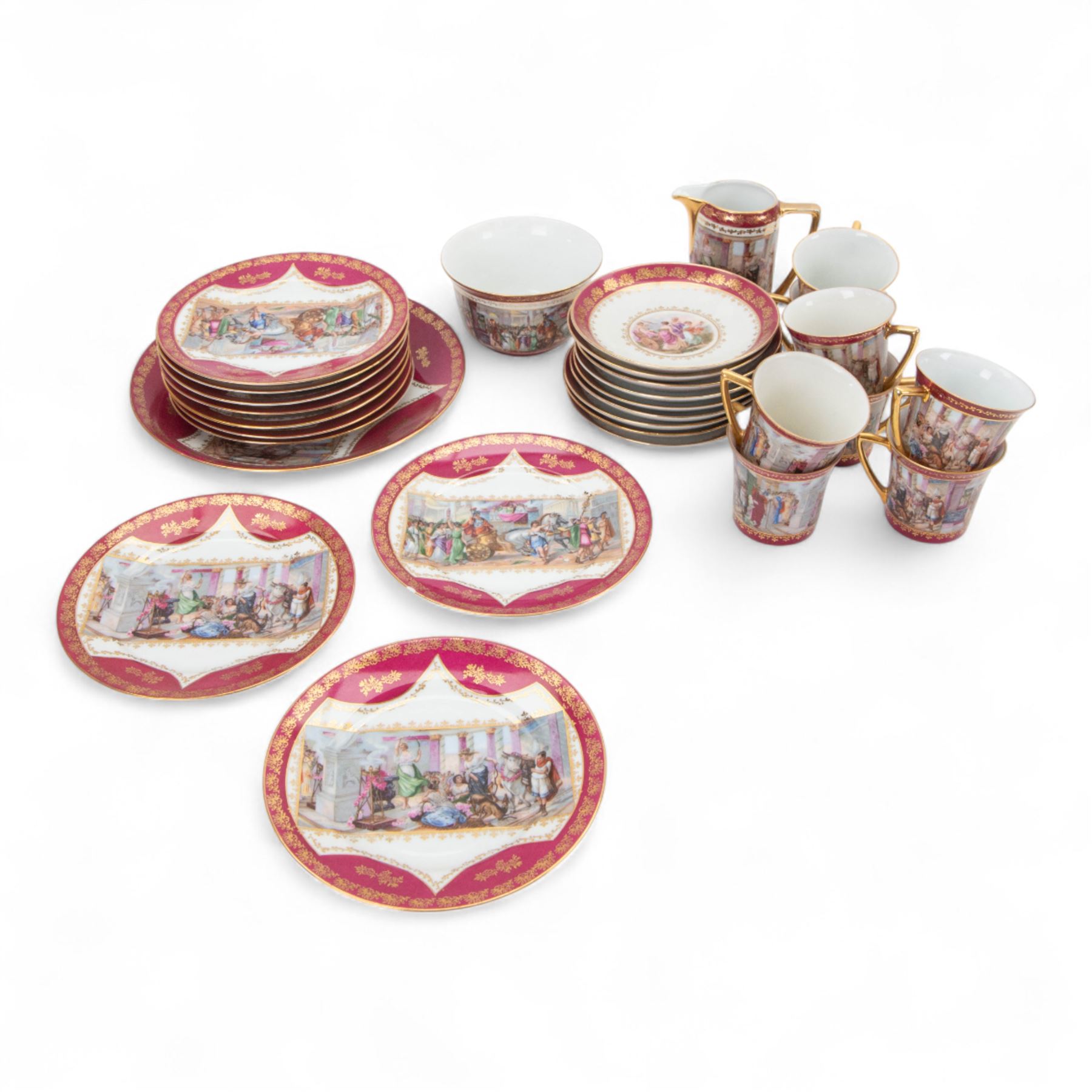  20th century Royal Vienna-style part tea service, comprising eight cups and saucers, ten dessert plates, one cake plate, milk jug and sugar bowl