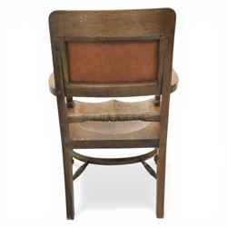 Arts and Crafts oak open armchair with dished seat
