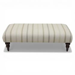 Footstool upholstered in striped fabric, with turned dark stained tapered feet