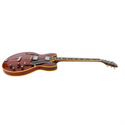 1967 Gibson ES-335 TDC electric guitar, in cherry red finish, made in USA, semi-hollow body, mother of pearl fret markers, original pick guard, original tuning pegs, contained within period hard case made in Philadelphia USA with orange velvet lining, guitar length L104cm