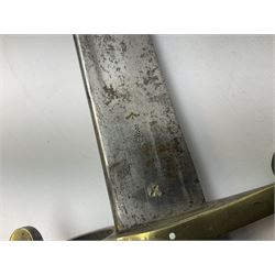 British 1855 pattern 'Sappers & Miners' Lancaster sword bayonet as issued to Medical Corps, the 62cm steel blade marked S&K with various numbers; in brass mounted leather scabbard numbered 1176