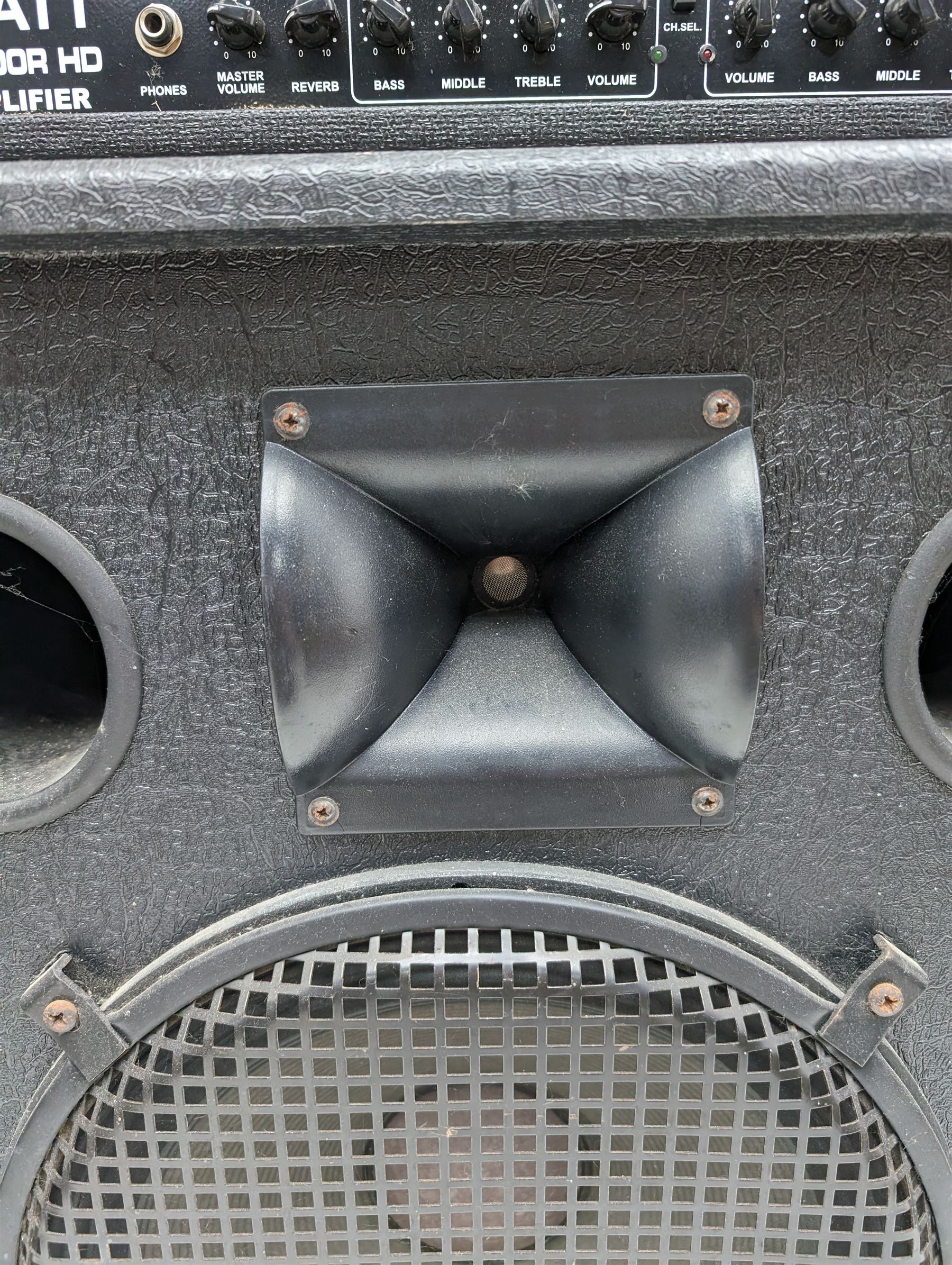 Hiwatt Maxwatt G200R HD guitar transistor amplifier, serial no 07026450, together with a large speaker, speaker H70cm, W66cm