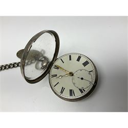Victorian silver pair cased fusee lever pocket watch, No. 6765, cream enamel dial with Roman numerals, case makers mark R.S, Birmingham 1861, on silver Albert chain