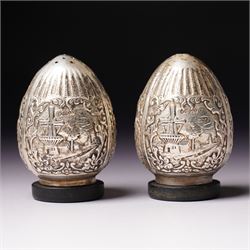 Dutch 90 standard silver salt and pepper pots of ovoid design decorated with windmills etc H6cm