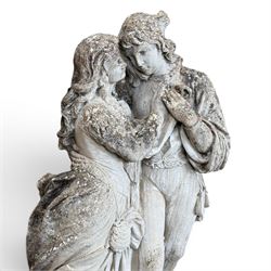 Romeo & Juliet ornate cast stone garden figure, raised on square plinth base