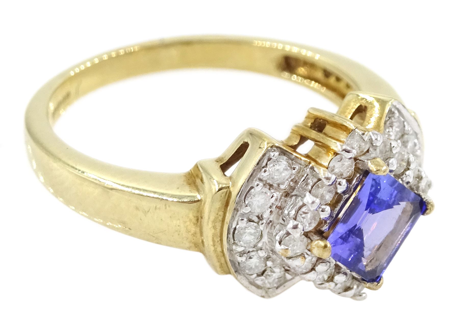 9ct gold square cut tanzanite and round brilliant cut diamond ring, hallmarked, tanzanite approx 0.45 carat