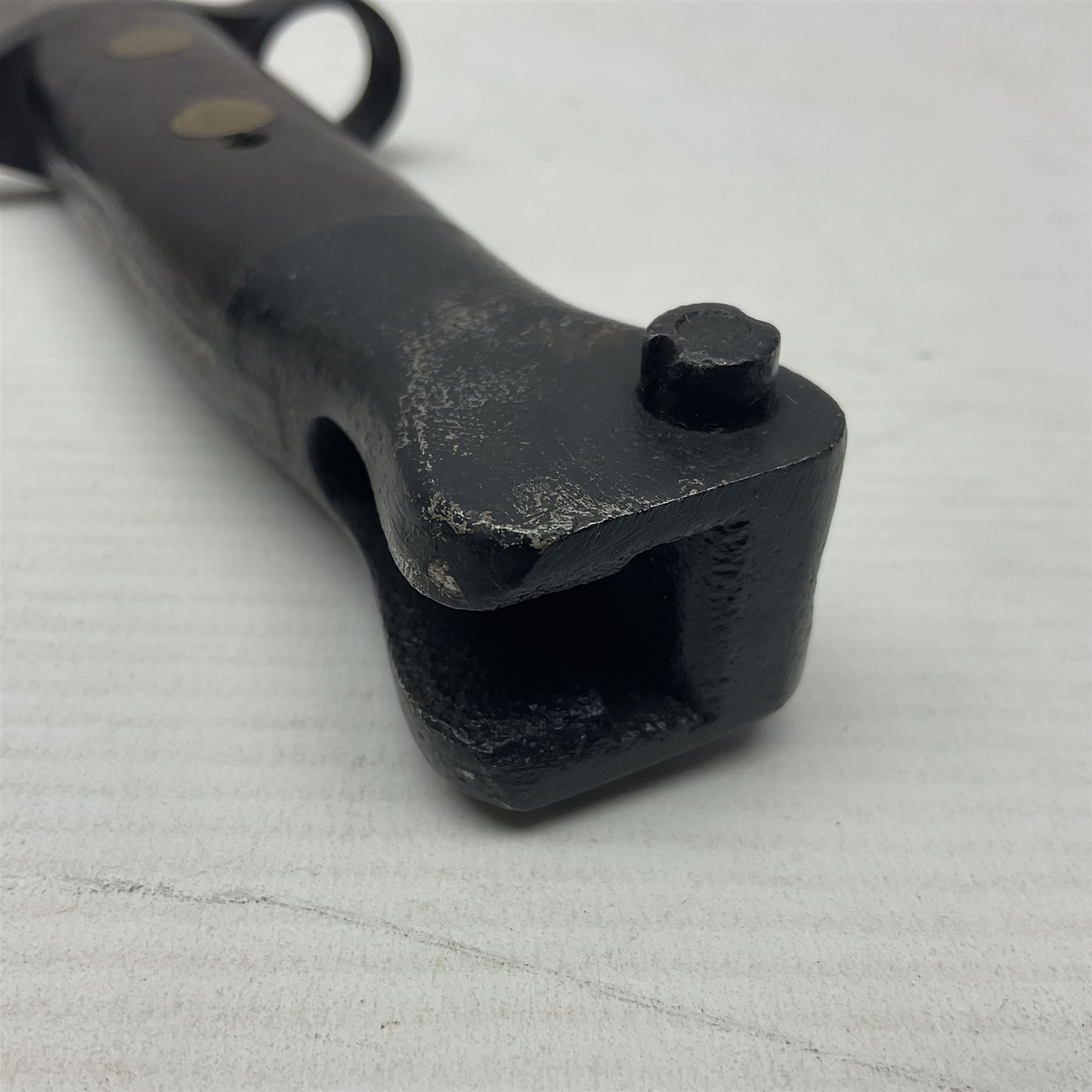 British Pattern 1888 knife bayonet, the 30cm double edged blade by Sanderson with central raised medial ridge and various marks to the ricasso including date code 12 98; in leather covered scabbard with various stamped marks L44cm overall