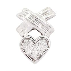 14ct white gold heart and cross pendant, pave set with round cut diamonds, stamped