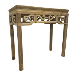 Chinese Ming design elm side table, rectangular top over shaped frieze rails, on square supports with curved outer edge 