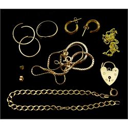Gold heart shaped ring, two gold necklaces and other gold jewellery oddments, all 9ct, hallmarked or tested