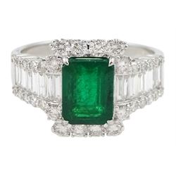 18ct white gold emerald, baguette and round brilliant cut diamond ring, stamped 750, emerald approx 1.85 carat, total diamond weight approx 1.00 carat