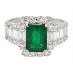 18ct white gold emerald, baguette and round brilliant cut diamond ring, stamped 750, emerald approx 1.85 carat, total diamond weight approx 1.00 carat