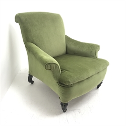 Victorian Howard style armchair, scrolling arms, turned supports, upholstered in a lime green fabric, W84cm