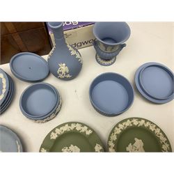 Wedgwood Jasperware to include lilac trinket box with original box, light blue vases, trinket dishes, boxes etc, together with a walnut box, coins and other collectables 
