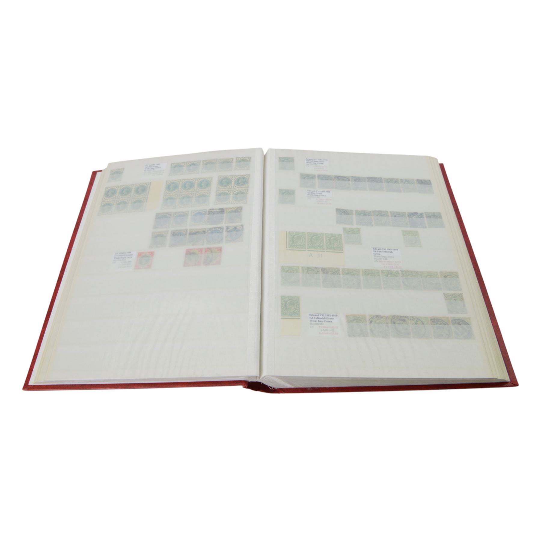 Extensive and well-annotated collection of Great Britain and World Queen Victoria and later stamps, including Queen Victoria penny black with faint red MX cancel, 1840 two pence blue, embossed issues, QV one pound brown lilac, QV one pound green, King Edward VII one pound green, numerous King George V seahorses, 1929 Postal Union Congress one pound, unused, King George VI 1939-48 mint set of six including ten shillings dark blue, Cape of Good Hope triangles, further Commonwealth issues, etc