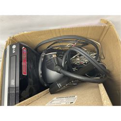 Singer 66 sewing machine in wooden case, together with an LG DVD player with speakers, two portable DVD players, etc 