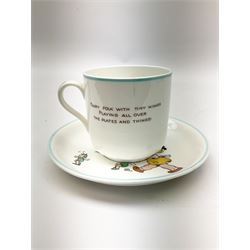 Shelley Boo Boo three piece tea set designed by Mabel Lucie Attwell, comprising teapot modelled as a house, sugar bowl modelled as a toadstool, and creamer modelled as an elf, each with printed marks beneath, together with a Shelley Mabel Lucie Attwell teacup and saucer. 