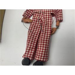 Pelham Puppet - a rare type SM Harlequin circa 1950s with painted black face mask, black felt hat, green ruff and red white chequered suit, H31cm; in original box with instructions 