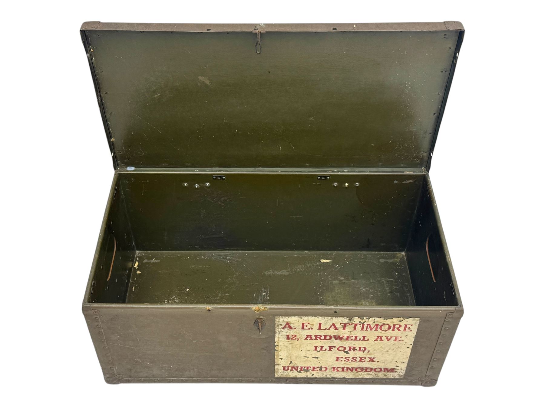 Vintage metal bound steamer trunk, exterior labels reading 