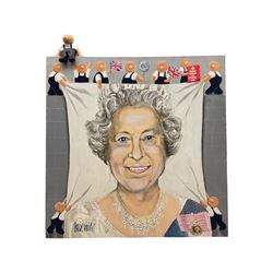 David Smith (British Contemporary): 'Blokes - Queen Elizabeth II', acrylic on canvas signed, with painted wooden figure seated atop, 61cm x 61cm