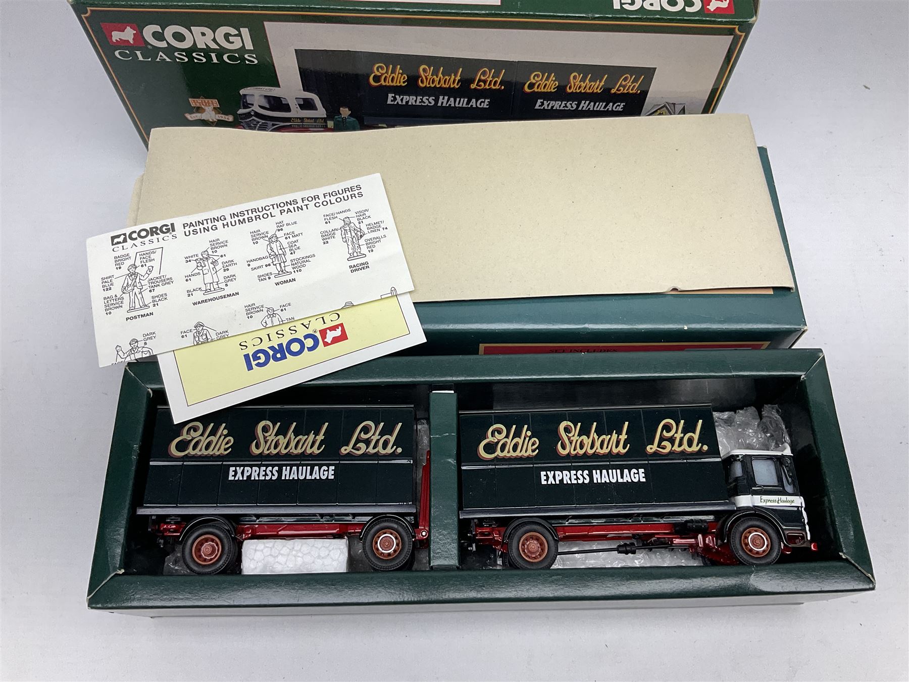 Corgi Eddie Stobart - four Classics lorries; 18801 Bedford KM, 97369 AEC Truck & Trailer, 23101 Ford Transcontinental Tilt Trailer and 14303 Foden S21 Artic Trailer; limited edition 21601 AEC Ergomatic 6-wheel Tipper; and two others in the Roadscene and Truckfest 25 Series; all boxed (7)