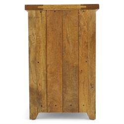 Two hardwood bedside chests,  of rectangular form, fitted with three drawers with recessed brass handles, panelled sides, and flush top, W55xD40xH68cm & W45D45xH68cm 