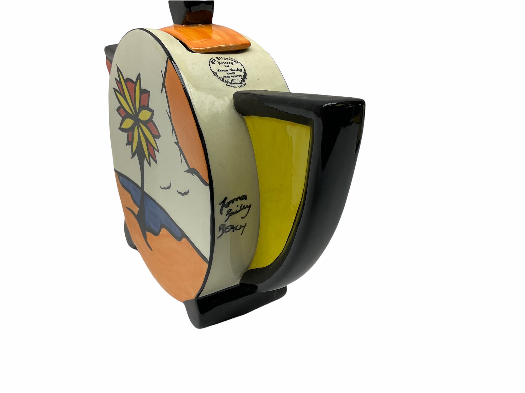 Lorna Bailey Old Ellgreave Pottery, comprising teapot in beach design, circular jar in house and path design, shell jug in Bridge and stream design, squat jug in Pagoda design and plate decorated with an Art Deco woman, all with printed and painted marks. 