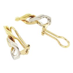 Pair of gold diamond earrings, each clip back with yellow gold curb link, suspending a diamond set white gold curb link