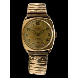 J W Benson 9ct rose gold manual wind wristwatch, the back case engraved with initials CM, Birmingham 1942, on expanding gilt strap 