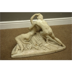  20th century white marble figure group of an angel holding lightly draped female figure, on a naturalistic base, W60cm, H38cm, D32cm  