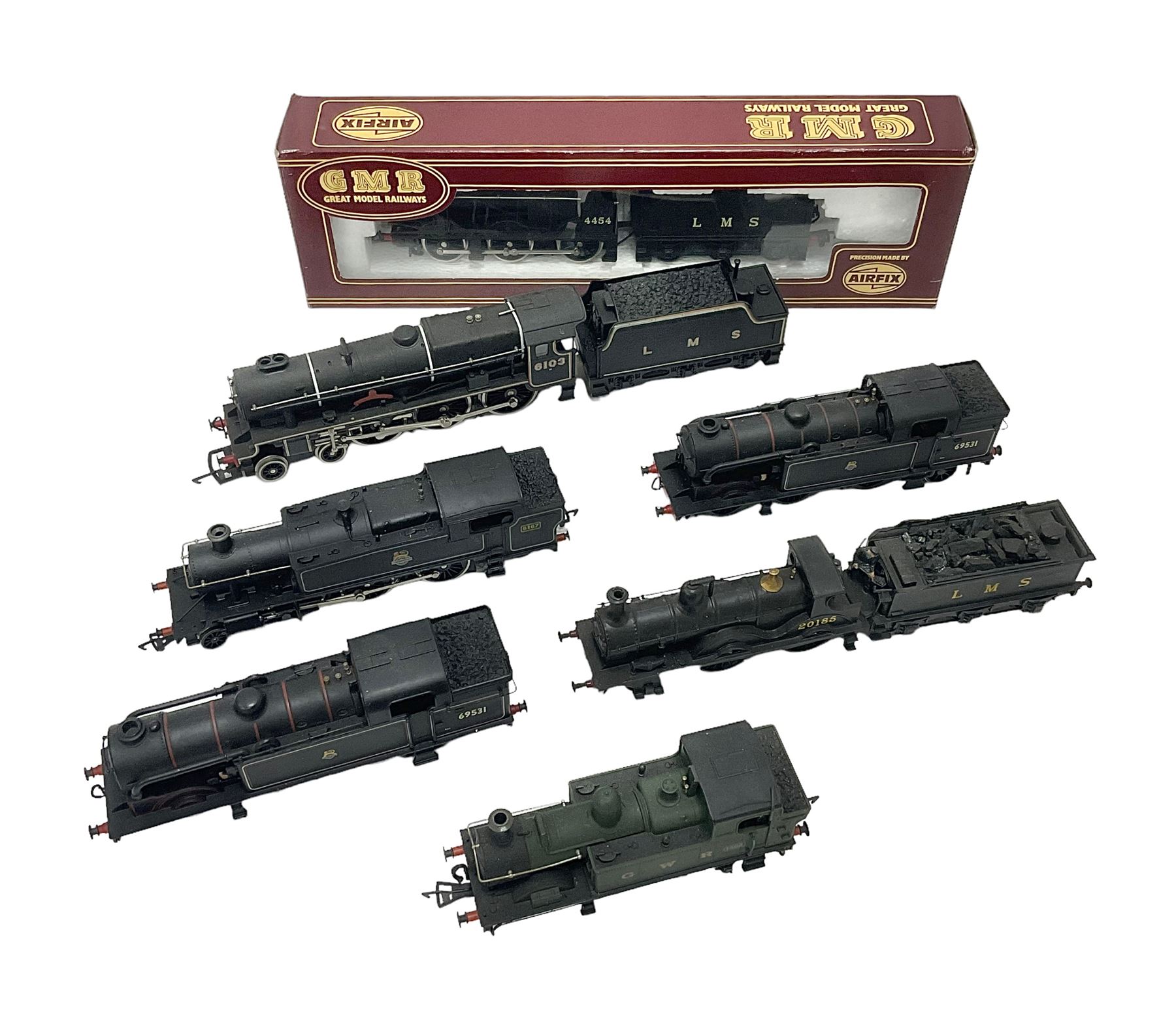 Airfix ‘00’ gauge - seven locomotives comprising Class 7P (Royal Scot) ‘Royal Scots Fusilier’ 4-6-0 no.6103 in LMS black with Mainline tender; two Class N2 0-6-2T no.69531 in BR black; Class 1282 2-4-0 no.20185 in LMS black; Class 61XX 2-6-2T no.6167 in BR black; Class 14XX 0-4-2T no.1466 in GWR green, all unboxed; Class 4F 0-6-0 no.4454 in LMS black, in original box (7)