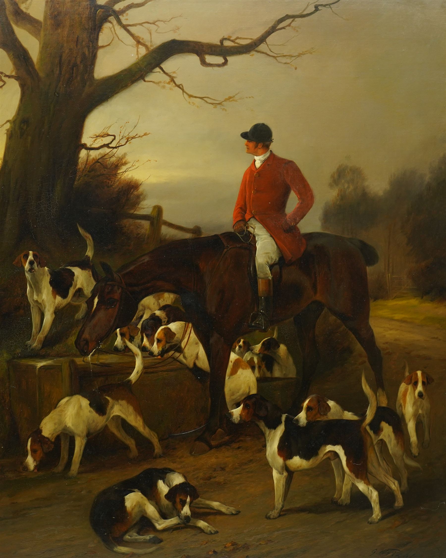George Wright (British 1860-1942): The Calm Before the Chase - Huntsman and Hounds at the Water Trough, oil on canvas signed 75cm x 60cm