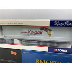 Three Corgi 1:50 scale lorries - Gold Star Special ERF EC Petrol Tanker - BP No.CC11907; limited edition Knights of Old 50th Anniversary 1953-2003 Scania Topline Curtainside No.12911; and limited edition Volvo FH Fridge Trailer - Van der Kwaak No.CC12419; all boxed (3)