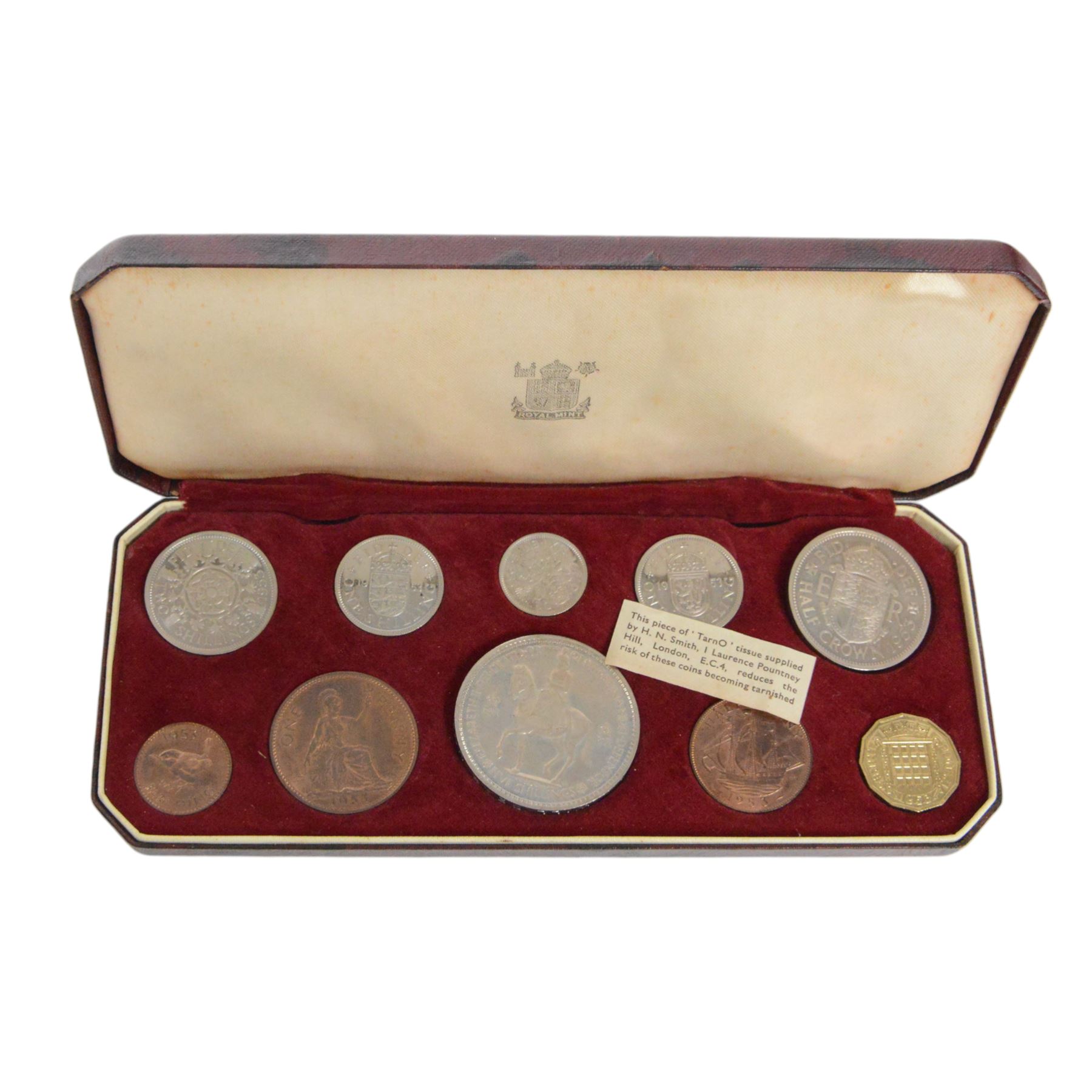 Two Queen Elizabeth II 1953 proof ten coin sets, crown to farthing, in original cases, and some further commemorative crowns
