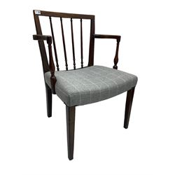 George III mahogany open elbow chair, spindle back supports, the seat upholstered in chequered grey fabric, on square tapering supports