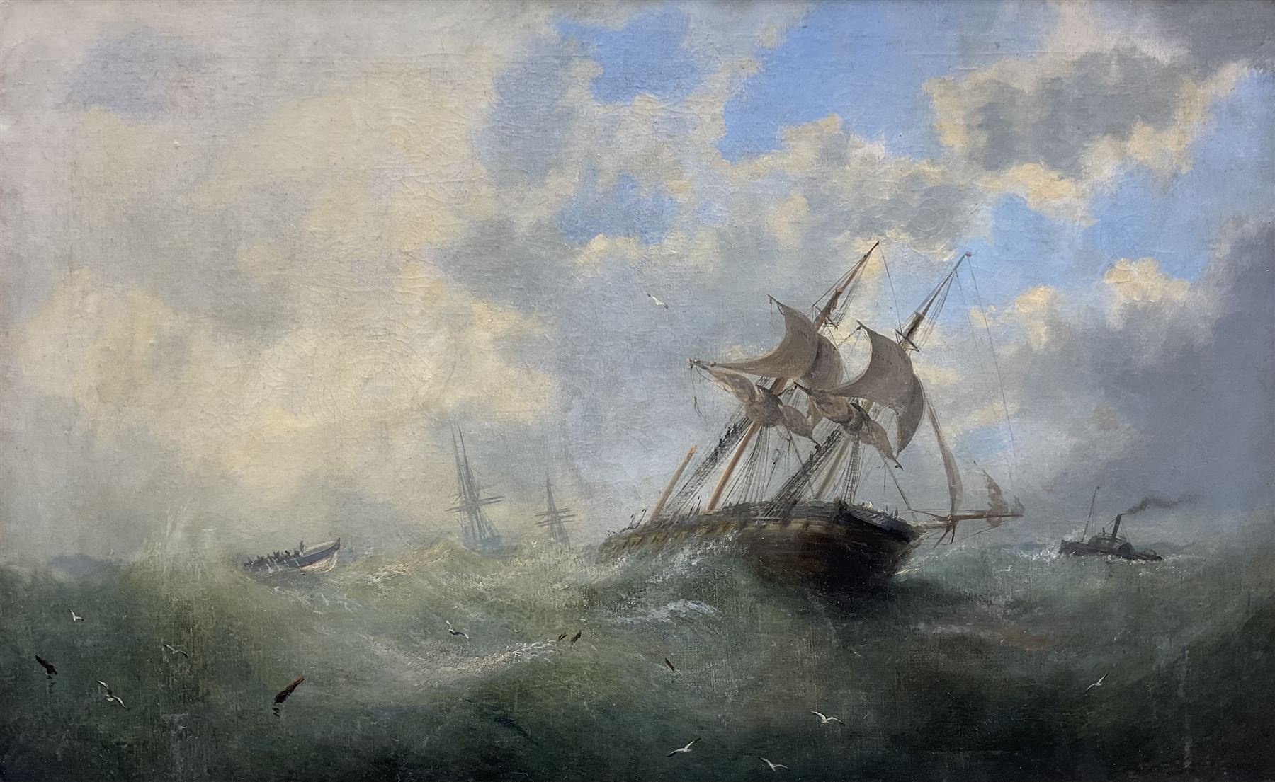 Mid 19th Century Oil on Canvas of a Ship in Distress Under Tow by a Tug Mid 19th Century Oil on Canvas of a Ship in Distress Under Tow by a Tug