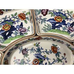 Booths Hors d'Oeuvres or supper set decorated in the Pompadour pattern, comprising seven dishes upon wooden tray L42.5cm, together with a bowl, D11.5cm, and six side plates, D19cm. 