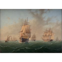 William Frederick Settle (British 1821-1897): British Men o' War other Sail and Steam Vessels in Turbulent Waters & Shipping Becalmed at Sunset, pair oils on panel signed with monogram and dated 1884, 22cm x 30cm (2)