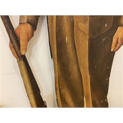 Military Outfitters hand painted life size wooden cut out figure of a WW1 soldier standing at ease holding a gun by his side, marked Stening Signs; hardboard on planked frame H199cm