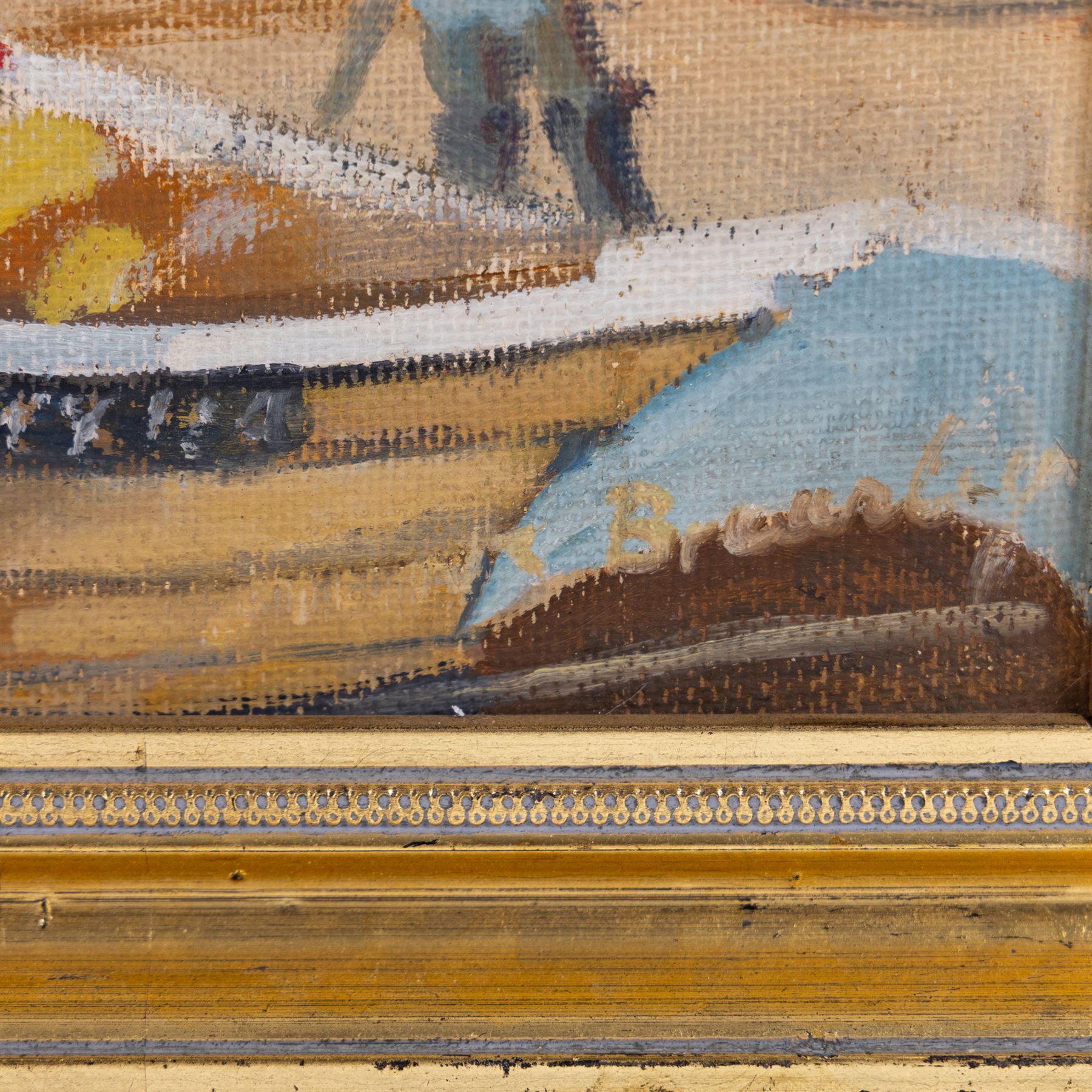 English School (Contemporary): Whitby Boats at Low Tide, oil on board indistinctly signed 45cm x 54cm 