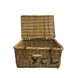 Wicker basket, hinged lid with leather buckles, inscribed 'YCL' and 'School House' to front