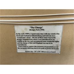 James Lishman (British 1931-2024): 'The Charge' Elephants, oil on board signed, titled verso 60cm x 90cm 