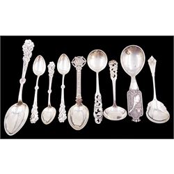 Collection of nine Scandinavian silver spoons, including  early 20th century Danish dessert spoon and three table spoons, each with bead and scroll decoration, stamped with three-tower mark and dated 1916, maker's mark Gronlund, assayer Christian F Heise, together with Norway souvenir spoon, stamped 830s and a Danish commemorative spoon, dated 1910 etc